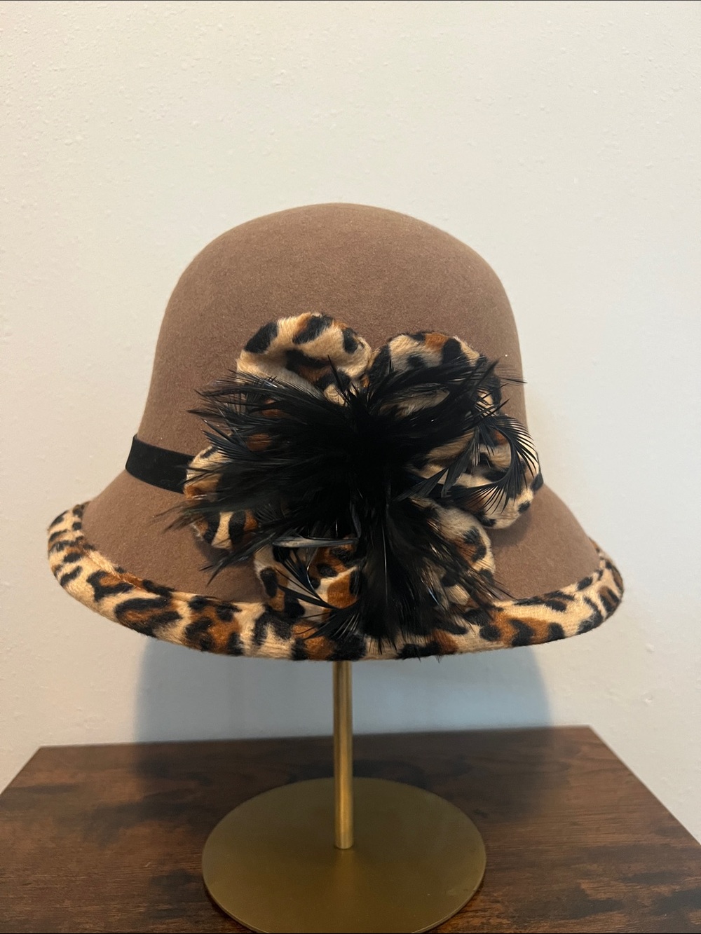 ADORA Brown Cloche Hat with Leopard Trim and Feather Detail - Picture 2 of 6